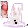 Jrkvniv Magnetica Trasparente Cover per iPhone 15 con Cordino, Compatibile con Magsafe, Trasparente Ultra Sottile Silicone TPU Antiurto Custodia con Collana Laccio rimovibile per iPhone 15, Viola