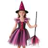 HarnyLoom Costume da Strega per Bambini Halloween Vestito da Vampiro Costumi Ragazze Viola Abito in Tulle Cappello Manico di Scopa Festa in Maschera Vestire Dress Up Cosplay (Rosso Rosa, 140 (9-11 anni))