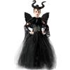 LCXYYY Bambina Malefica Costume con Ali Cosplay Bella Addormentata Strega Nero Lungo Tulle Vestito da Ballo e Corna Colletto di Piume Maniche Set per Halloween Carnevale Festa Abito da Sera, 2-10 anni