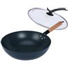 LIYGAOF Padella wok da 32 cm con coperchio, padella in ferro: manico in legno massiccio, adatta a induzione, padella in ferro forgiato con copertura in vetro, per cuochi amatoriali e professionisti