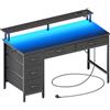 Seventable Scrivania con 5 Cassetti con Prese & Luci LED, Scrivania Gaming con Supporto Monitor, Scrivania per Computer per Ufficio, Camera da Letto o Soggiorno (Nero, 140 cm)