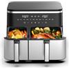 iceagle Friggitrice ad aria calda a doppia camera da 11 l, friggitrice ad aria calda XXL con 2 cestini, 7 l/4 l, piatto principale e contorno, 2600 W, 10 programmi, touchscreen, promemoria shake