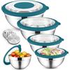 HaWare Set di 5 ciotole per insalata, in acciaio inox, con coperchio trasparente ermetico e 3 grattugie, per cucinare, 4,5 l, 2,8 l, 1,5 l, 1,2 l, 0,7 l, lavabile in lavastoviglie, blu