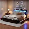 BRILVERDE Letto matrimoniale 140 x 200 cm con 4 cassetti, letto imbottito con illuminazione a LED, mensola nella testiera, letto contenitore, letto con cassetti, nero, PU, struttura letto in metallo