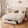 BRILVERDE Letto Matrimoniale Imbottito 140x200 cm con 3 Cassetti, Struttura in Legno Massello con Testiera, Letto per Ragazzi in Tessuto Lino Beige, Senza Materasso
