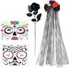Xionghonglong Costume di Halloween da donna, Dia De Los Muertos cerchietto con velo, cerchietto per capelli per Halloween, rose artificiali, guanti in pizzo nero, tatuaggi per il viso di Halloween