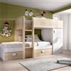 Dmora - Letto per bambini Marmolada, Cameretta completa con armadio e cassetti, Composizione letto a castello con due lettini singoli, 255x112h150 cm, Bianco e Rovere