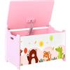 AIYAPLAY Baule Portagiochi per Bambini con Cerniere di Sicurezza in Legno con Disegni di Animali, 60x37x39 cm, Rosa | Aosom Italy