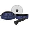 Sitram 716978 - Batteria da cucina in alluminio riciclato blu, 6 pezzi: 1 manico rimovibile, 1 casseruola Ø18 cm, 2 padelle Ø22,26 cm, 1 padella Ø24 cm, 1 coperchio, tutti i piani cottura inclusa