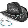 Niltracy Cappello da cowgirl occidentale da donna Cappello da cowboy da uomo Cappello da cowboy in paglia Cappello da sole Cappello da sole Cappello Western Unique Due fasce decorative, Pietra oculare