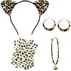NebulaGlam 4 Pezzi Leopardo Costume Set, Accessori Costume Leopardati, Ghepardo Cosplay Set, Fasce, Orecchini, Collane e Tatuaggi con Stampa Leopardata per Halloween Carnevale