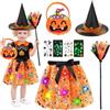 LETTERASHQP Costume da Strega a LED per Bambini, 2-6 Anni, Unisex, Halloween e Carnevale, Include Cappello da Strega, Scopa, Adesivi Temporanei e Caramelle di Zucca, Luci LED Integrate e Design Unico