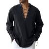 CTU Camicia da uomo in cotone con coulisse sul braccio, stile vintage, medievale, vichingo, pirata, rinascimentale, Nero , M
