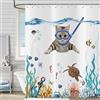Hnmdmyi Tenda da doccia Gatto divertente 180x200, Gattino carino che nuota nell'oceano blu verde acqua Tenda da bagno Tartaruga marina Pesce tropicale Medusa Stella marina Corallo Tenda da bagno