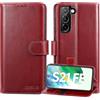 Lensun Cover per Samsung Galaxy S21 FE 5G, Custodia Vera Pelle Libro [RFID Blocking] con Chiusura Magnetico Portafoglio Flip Custodie Cuoio per Telefono -Vino rosso