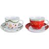 Villa Altachiara Tazze Colazione Joy, Set 2 Pezzi in Porcellana con Piattino (1 Bianca + 1 Rossa) - Tazze da Tè con Decorazioni Natalizie, Design Elegante e Idea Regalo Natale Raffinata