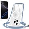 Jrkvniv Magnetica Trasparente Cover per iPhone 16 Pro Max con Cordino, Compatibile con Magsafe, Trasparente Ultra Sottile Silicone TPU Antiurto Custodia con Collana Laccio per iPhone 16Pro Max, Blu