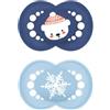 MAM Original Winter Limited Edition Succhietto 16+ Mesi (Set da 2), Ciuccio MAM 16 36 mesi a tema invernale e natalizio, Regalo neonato con tettarella silicone e porta ciuccio sterilizzatore, Azzurro
