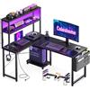 Coleshome Scrivania Gaming con LED e Prese, 110 × 80 cm Scrivania Gaming Angolare Reversibile con Scaffali Portaoggetti, Scrivania Angolare con Borsa Portaoggetti per Giocatori, Nero