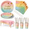Nkaiso Compleanno Stoviglie per feste Oro Arcobaleno 121 Pezzi Carta Set Include Piatti usa e getta, Tovaglioli Bicchieri Forniture per la Decorazione di feste -24 Ospiti