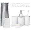 Amazon Basics Set Accessori Bagno: Tenda Doccia con Ganci, Tappetino Bagno in Memory Foam, Dispenser Sapone, Portasapone, Portaspazzolini & Bicchiere, Bianco