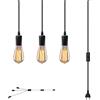 JZCDR Lampada a Sospensione con Spina e Interruttore, 3 Luci E27 Portalampada con Cavo e Corda di Canapa 3 m Industriale Nero per Camera da Letto, Soggiorno, Cucina