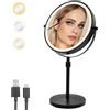 Cuteefun Specchio Trucco con Luci, Specchio Ingranditore 10X Su Supporto, Altezza e Luminosità Regolabili, Rotazione a 360°, 3 Colori di Luce, Ideale per Camera da Letto, Tavolo di Vanità, Nero