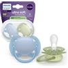 Philips Avent Succhietti Ultra Soft 0-6m Pastello Blu e Verde, a base vegetale - Set da 2 ciucci - Philips Avent