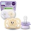 Philips Avent Succhietti Ultra Start 0-2m Day Pastello Giallo e Viola con Decorazioni, a base vegetale - Set da 2 ciucci - Philips Avent