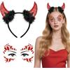 YUYWWAN Set di Cerchietto Diavolo Corna da Donna, Corna da Diavolo Rosse e Epietre Glitterate Adesivi Viso, Accessori Costume per Bambini e Adulti Cosplay Halloween Carnevale (Rosso-B)