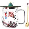 SaiXuan Tazza di Natale Doppia Parete in Vetro Borosilicato con Coperchio ad Albero e Cucchiaio Dorato - Bicchiere Natalizio Trasparente con Glitter, Idea Regalo Donna per caffè, Latte o tè