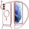 Oelrstfe Magnetica Cover per Samsung Galaxy S21 Plus 5G con Cordino Regolabile, Compatibile con MagSafe,Trasparente Custodia con Collana Tracolla Laccio Collo TPU Silicone Lanyard Case Antiurto, Rosa