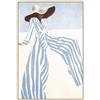 DRW Quadro tela con cornice in legno di una donna sulla spiaggia in bianco e blu 60 x 90 x 3,5 cm