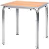TAVOLO quadrato base in alluminio, piano in doghe di legno. Mod. 675