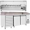 Banco pizza refrigerato 2 porte e cassettiera classe A con piano in granito e vetrina ingredienti | 201 x 80 x 150,5 H cm