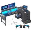 ODK Scrivania Gaming Angolare, 140x80x84.7cm Scrivania Angolare Reversibile con 4 Cassetti, Tavolo a Forma di L con LED e 2 Porte di Ricarica USB e 2 Prese di Corrente per Casa Ufficio, Nero