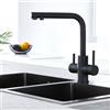 Crea, rubinetto da cucina a 3 vie nero, girevole a 360°, miscelatore 3 in 1 per filtro dell'acqua, con 2 leve, rubinetto a tre vie in acciaio inox, nero opaco