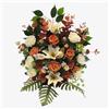 DRW Centro di fiori artificiali per matrimoni, chiese, cimiteri con rose arancioni, bianche e lilium 60x56x30 cm