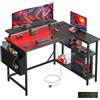 DOMSHOCT Scrivania da gioco a forma di L con luci a LED e prese di corrente, tavolo angolare per computer da 120 x 80 cm, con borsa portaoggetti, ripiani regolabili e grande supporto per monitor
