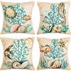 HomeStilez Fodera per Cuscini per Divano 45x45 cm Cotone e Lino Set 4 Pezzi Tema Nautico Marino Cavalluccio Marino, Tartaruga, Balena, Stella Marina, Conchiglia Copricuscino Decorativo per Divano