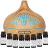 GeeRic Diffusore di Oli Essenziali 500 ML, GeeRic 8*10ML Oli Essenziali+Ultrasuoni Umidificatore Purificatore d'Aria Diffusore di Aromi Nebulizzatore per Oli Profumati 7 Color LED per Casa Yoga Spa Marrone