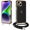 E-Lush Cover per iPhone 14 Plus con Cordino, Ultra Sottile Cuore Amore Elettrolitico Cover per Apple iPhone 14 Plus, Morbido TPU Silicone Custodia con Regolabile Collana Antiurto Protettiva Case, Nero
