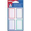 APLI 101096 - Busta 24 etichette scolastiche a righe blu/rosso/verdi, 36 x 56 mm, angoli arrotondati