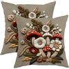 Generic Set di 2 federe per cuscini ricamate a forma di fungo, beige floreale, decorazione per la casa, accogliente stile rustico, per divano e letto, 40,6 x 40,6 cm