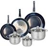 Fackelmann ELO 9751750 - Set di 3 padelle da cucina, 24, 28 e 32 cm e 3 pentole, 14, 16 e 20 cm, in acciaio inox, a induzione