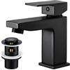 HPWVKVDB Rubinetto miscelatore per lavabo nero con scarico per lavello pop-up, rubinetti quadrati con scarico, monocomando nero opaco con tappo per lavello