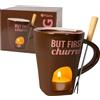 Fisura - Tazza fonduta originale per cioccolato. Fonduta di formaggio con tazza e forchettina. Mug marrone con scritta "but first churros". Regalo originale. Capacità 140 ml.