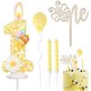 Luxvara Candeline Compleanno Numeri 1,Candele di Compleanno Glitterate Gialle,Decorazione per Torta a Forma di Ape in Legno,Candela Compleanno Spirale,Adatto a Feste di Compleanno Festa Baby