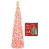 HMASYO - Albero di Natale artificiale automontante da 1,5 m, con 50 luci LED bianco caldo, ripiegabile, paillettes rotonde rosa, a matita, decorazioni per casa, appartamento, camino e feste