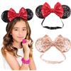 DRESHOW Minnie Orecchie Cerchietti Topo Orecchie Paillettes Fiocco Cerchietti Elastica Regolabile Fascia Glitterata Festa Decorazione Costume Cosplay per le Donna